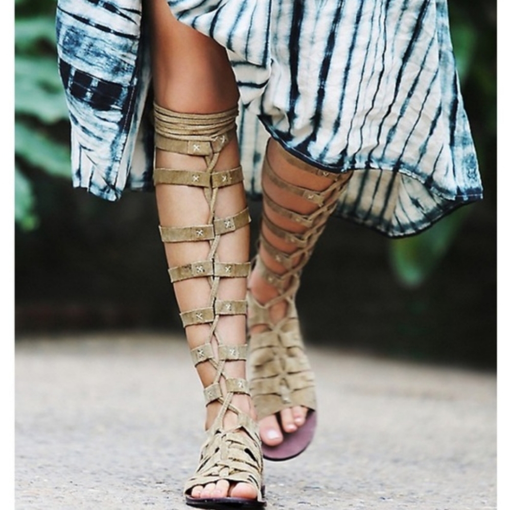Knee-High Strappy Gladiator Sandals in Taupe